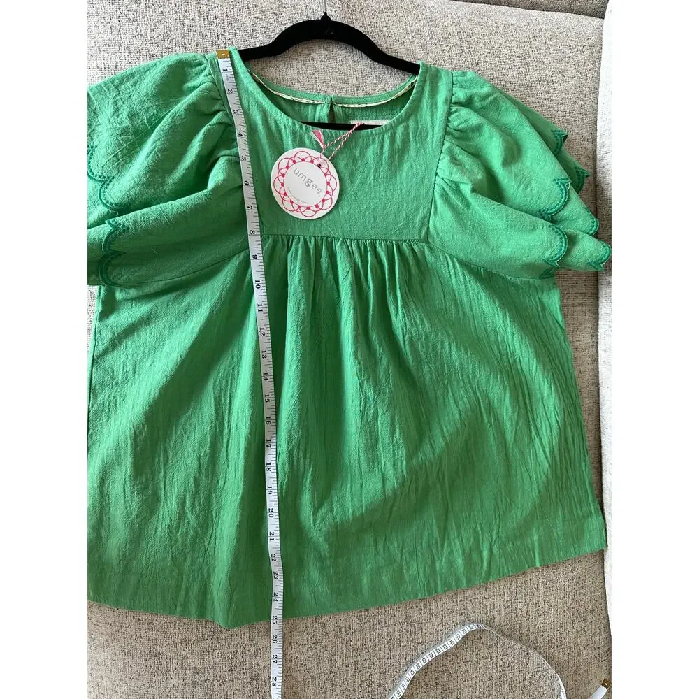 Umgee NWT Green Scalloped Sleeve Blouse Puff Sleeve Babydoll Boutique Sz M - Picture 4 of 6